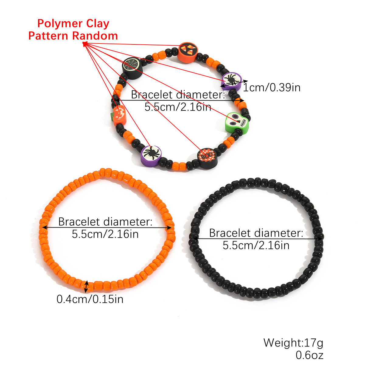 Wholesale Halloween Polymer Clay Skull Pumpkin Beaded Bracelet